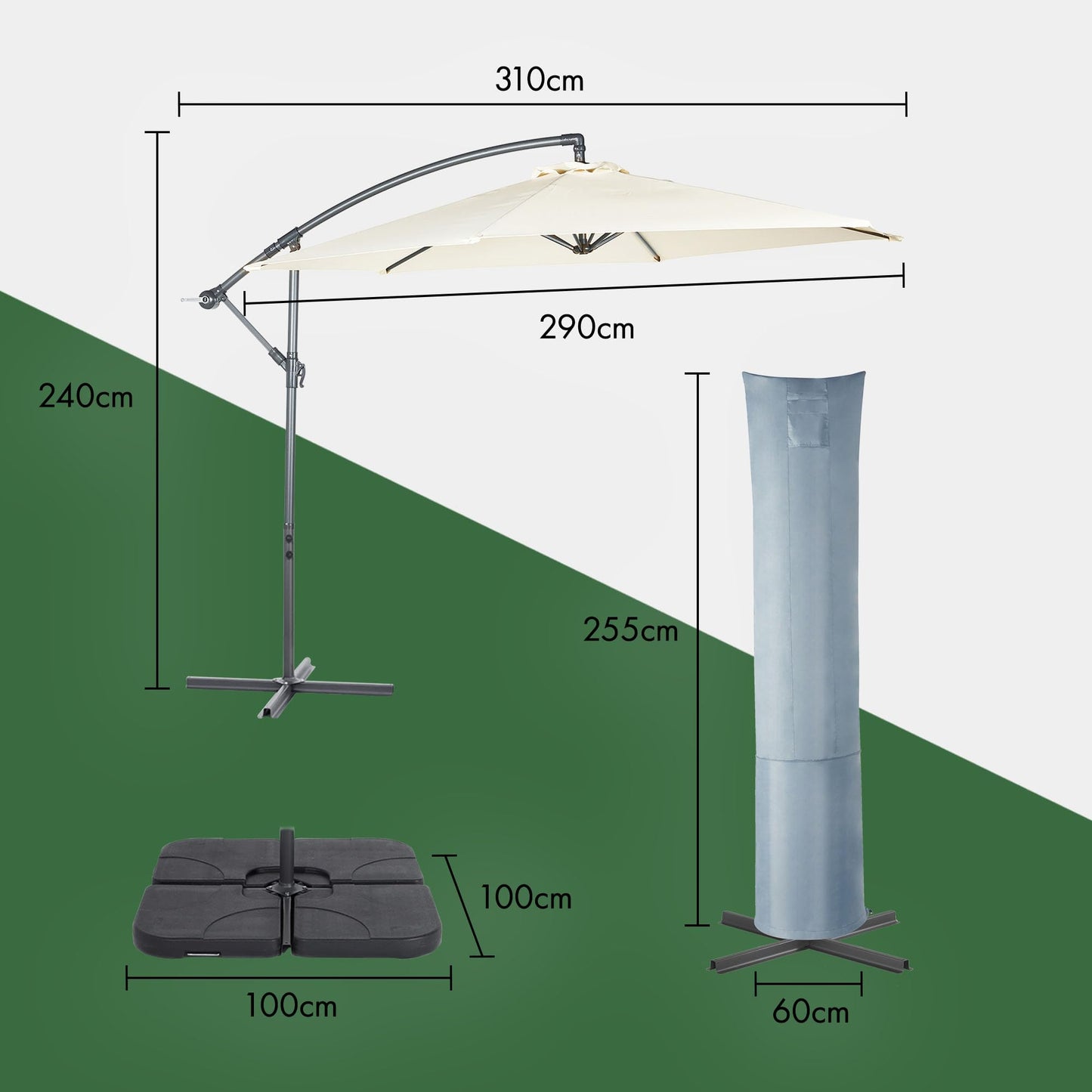 VonHaus Parasol with Base & Waterproof Cover, 3M Cantilever Banana Umbrella for Outdoor, Garden, Patio, Sunshade Canopy with Hand Crank, Tilt & Rotate Function, UV30- Protection, Air Vent, Steel Frame
