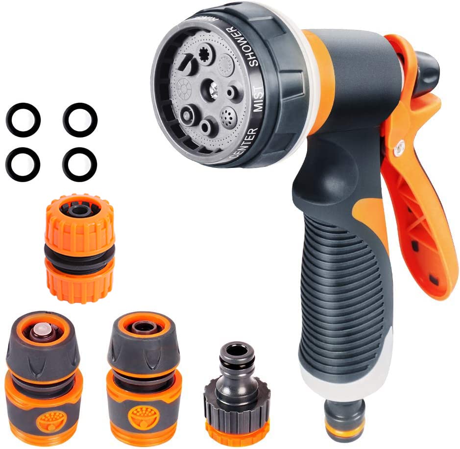 Garden Hose Pipe Spray Gun,8 Adjustable Patterns Hose Nozzle, High-Pressure Anti-Slip Water Hose Spray Gun for Plants & Lawns Watering, Car & Bike Washing and Pets Bathing