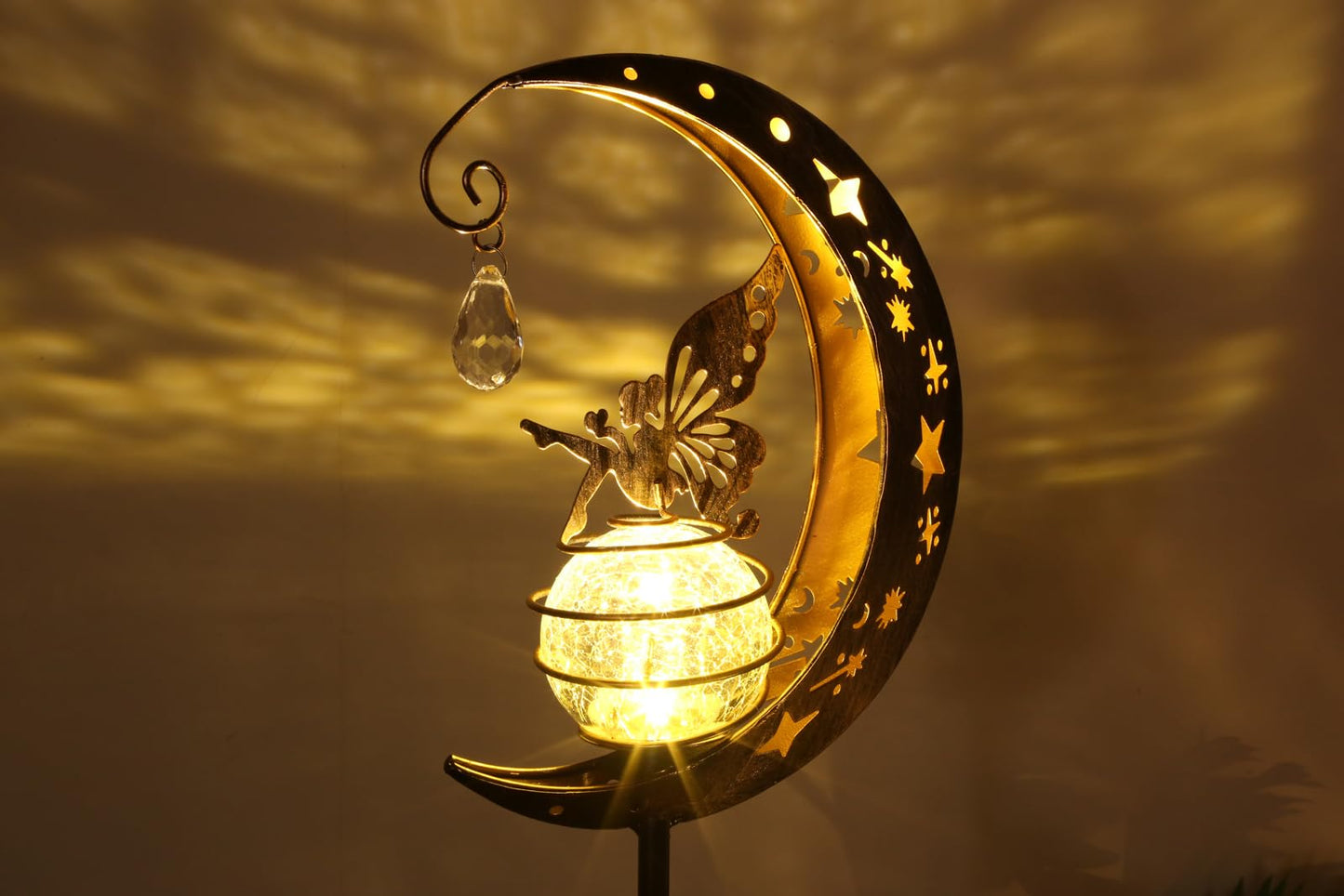 BomKra Solar Garden Ornaments Outdoor Fairy Solar Light Moon Star Crackle Glass Ball Stake Metal Lights Decorative Waterproof Warm White LED for Garden Pathway Lawn Patio Grave (A)