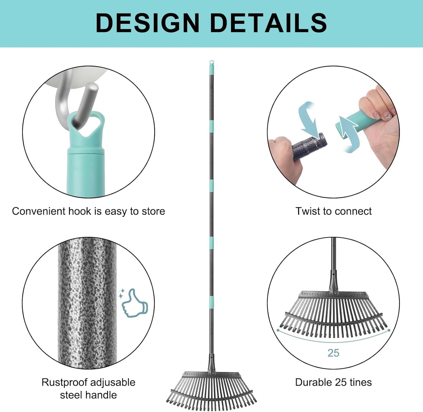 Garden Leaf Rake ,18.5" Wide Heavy Duty Leaf Rake with 25 Metal Tines, Leaves Rakes with 6FT Adjustable Handle for Yard Lawn Shrub Garden Leaves