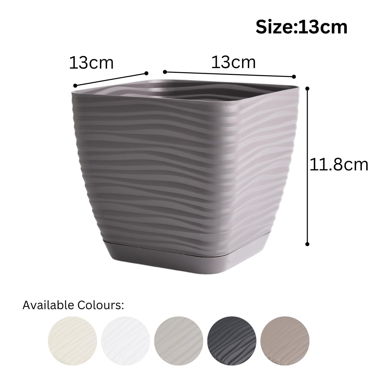 B2C Plant Pot Flowerpot Square Plastic Modern Decorative Wave Grooves Textured Elegant & Modern With Saucer (Light grey, 13cm)