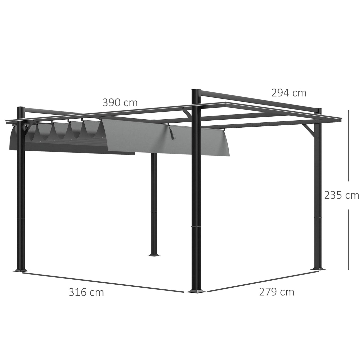 Outsunny 3 x 4m Pergola with Retractable Roof Canopy, Aluminium Frame Garden Gazebo Outdoor Sun Shade Shelter for Grill, Patio, Deck, Dark Grey