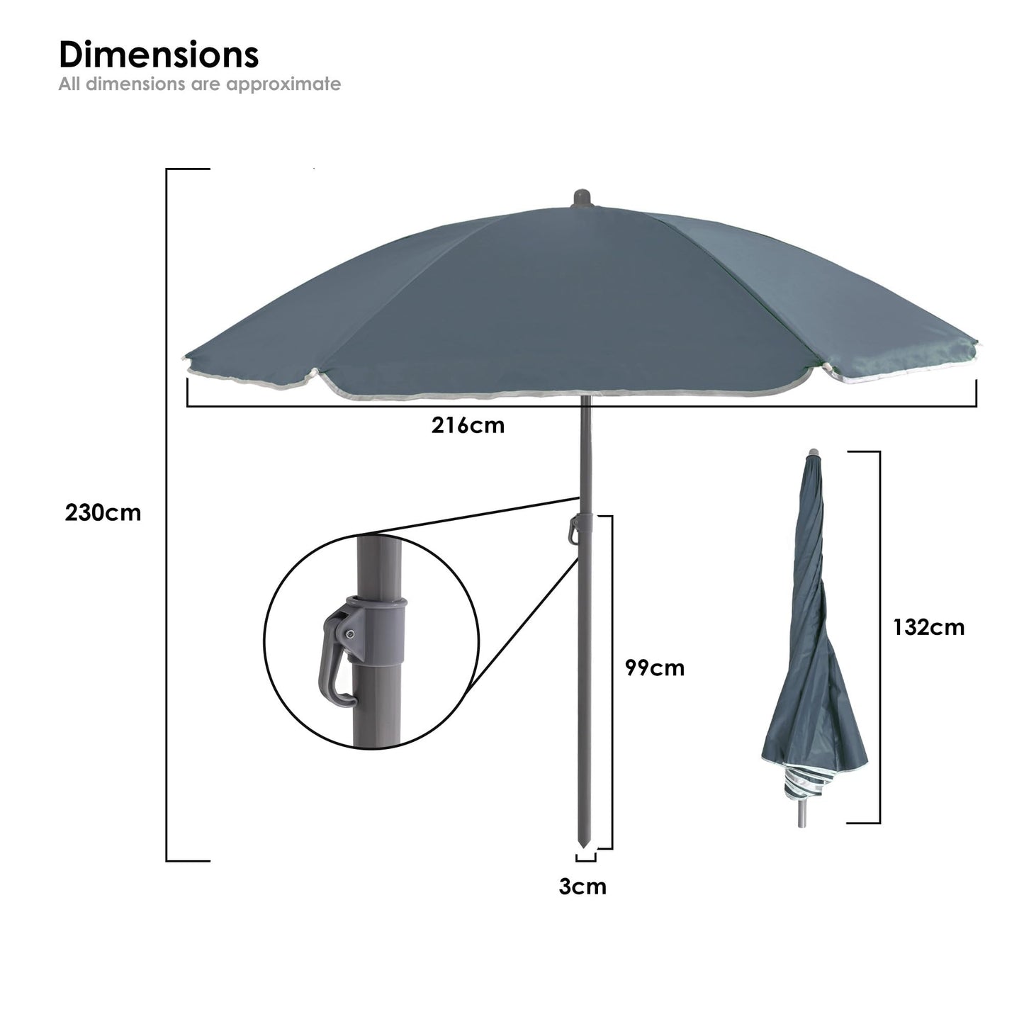 Out There! 240cm (7ft 8in) Grey Parasol with Base Garden Beach Parasol Umbrella | Outdoor Sun Shade with Adjustable Height and Base