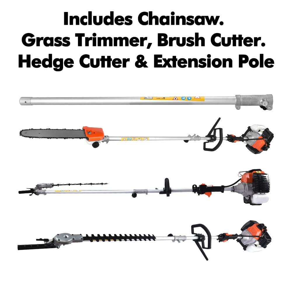 52cc 5 in 1 Petrol Multi Garden Tool 2 Stroke Long Reach Hedge Grass Trimmer with Strimmer, Pruner Chainsaw, Brush Cutter & Extension Pole