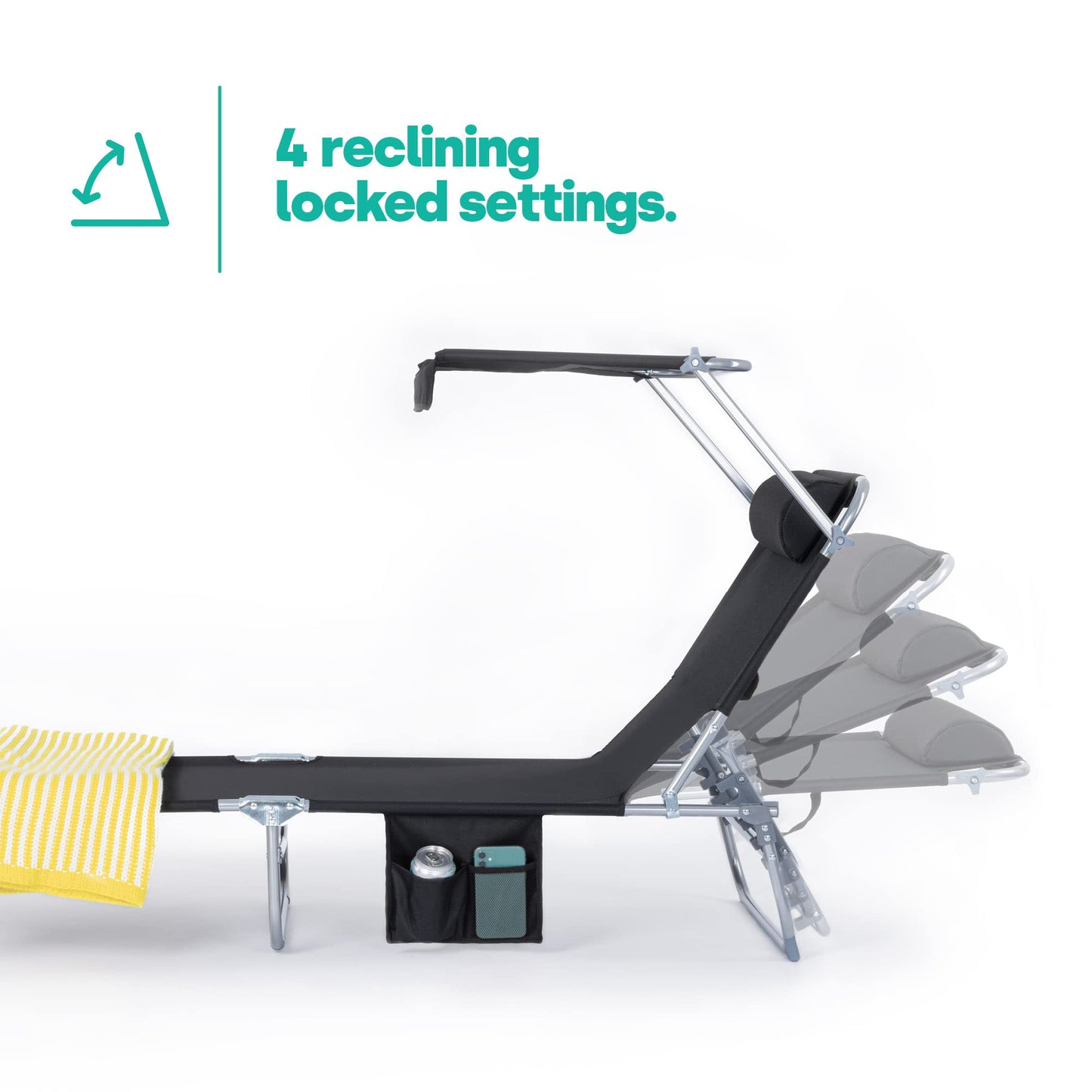 LIVIVO Folding Sun Lounger with Adjustable Back and Leg Rests, Adjustable Sunshade and Side Pockets – Relax in Comfort and Style – Folding Lightweight Frame (Black)