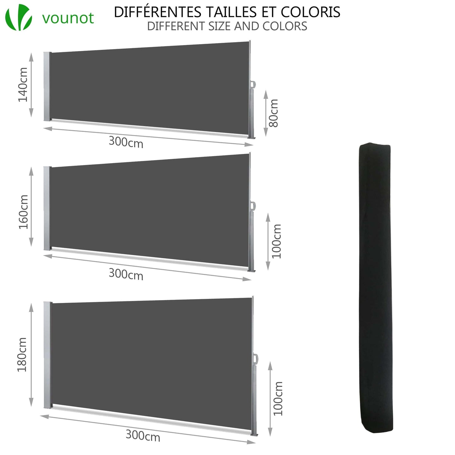 VOUNOT Side Awning Retractable, Outdoor Privacy Screen for Garden, Balcony, Terrace, 140 x 300 cm, Grey