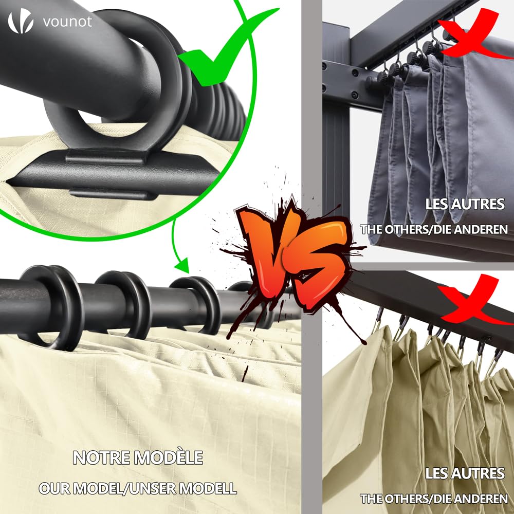 VOUNOT® 3x3m Metal Pergola with Retractable Roof, Gazebo with Sun Shade Canopy for Garden Patio Outdoor, Beige