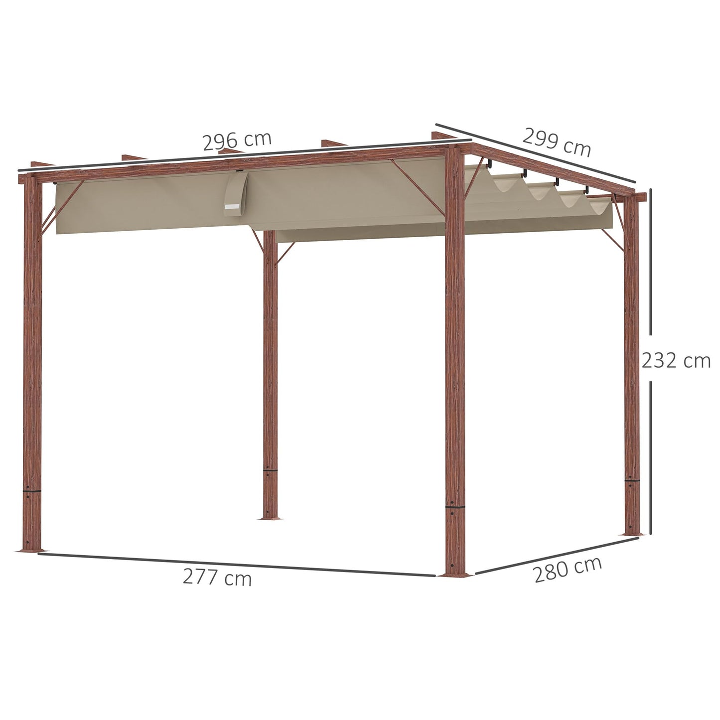 Outsunny 3 x 3(m) Garden Pergola with Retractable Roof Canopy and Wood Grain Aluminium Frame, Outdoor Gazebo Pergola Kit, UPF30- Sun Shade Shelter for Deck, Porch, Natural Wood Finish