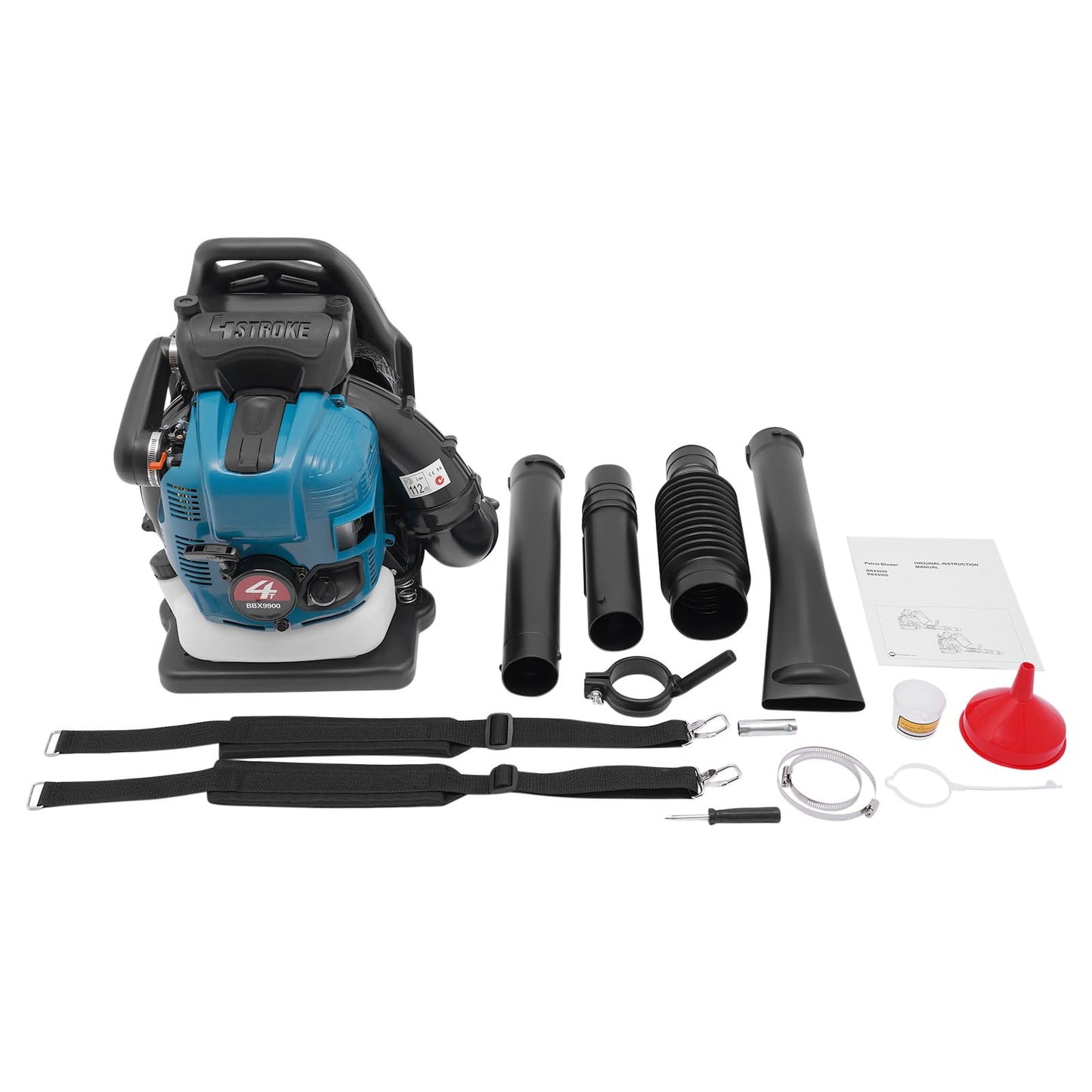 Petrol Backpack Leaf Blower 75.6cc Gas leaf blower 4-Stroke Powerful Air Cooled Engine 1.9L Blue Fuel Tank Powerful Wind Force Ergonomic Design Snow for Lawn Care Road Cleaning, 2.6kw/7000r/min