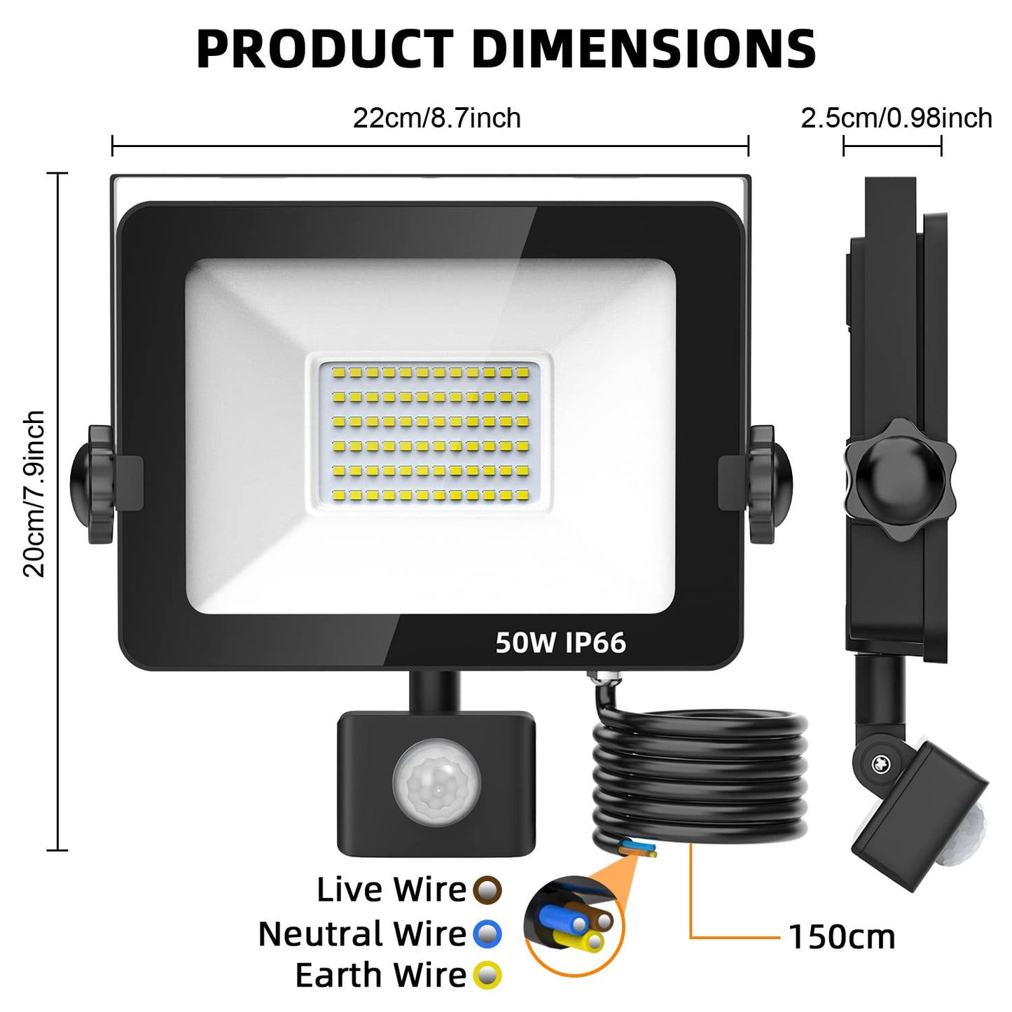 Aomeya Motion Sensor Outdoor Security Light, 50W 4750 Lumen LED Floodlights with PIR Sensor, IP66 Waterproof Motion Sensor Outdoor Wall Light with Remote Control for Garden, Backyard, Garage (50W)
