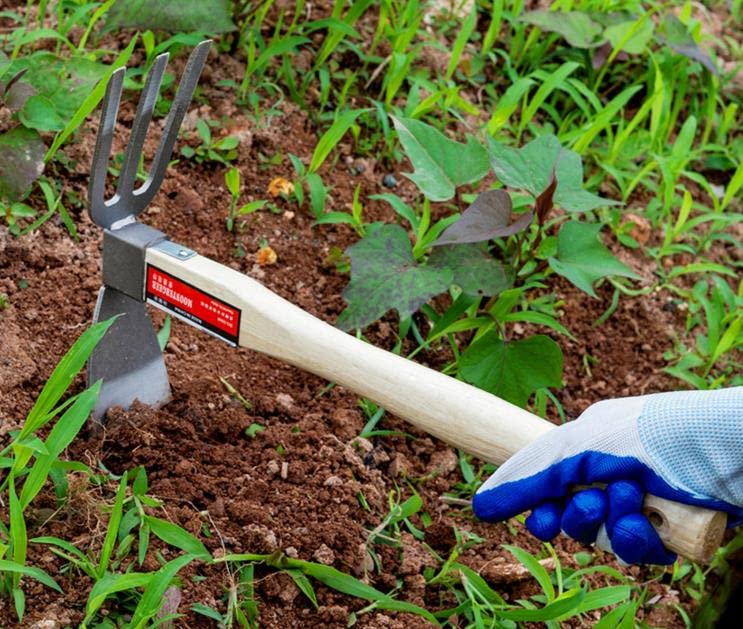 LANYOTA Garden Hoe,Garden Tools Digging Hoe and Rake, Hand Hoe With Wooden Handle for Loosening Soil and Weeding(2in1- Hoe and Rake)