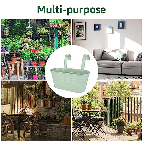 APACALI 4 PCS Metal Hanging Flower Pots, 27cm Over Fence Planters, Balcony Planters for Railing, Fence Hanging Planters with Detachable Hooks, Hanging Plant Pots Outdoor for Fence, Garden, Home, Green