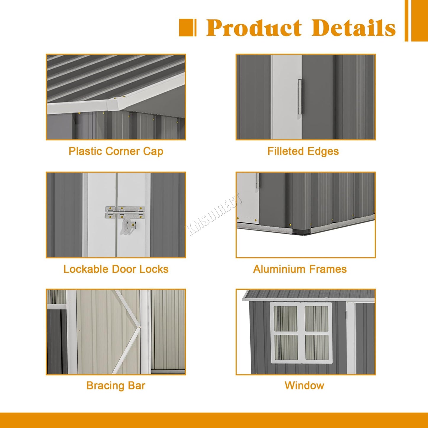 BIRCHTREE Garden Shed Steel Apex Roof House Outdoor Backyard Storage With Lockable Double Doors Window Free Foundation Tool Equipment Organizer Air Vents 10x8FT Grey