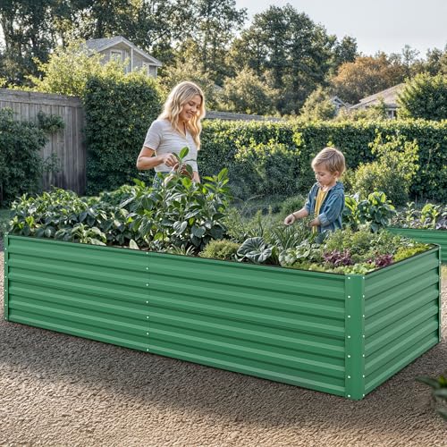 YITAHOME 2Pcs Outdoor Raised Garden Bed Kit 240x120x58cm, Raised Beds Thickened Zinc-Aluminum-Magnesium Metal Raised Beds for Garden with Support Rod & Gloves for Vegetables Flowers Fruits (Green)