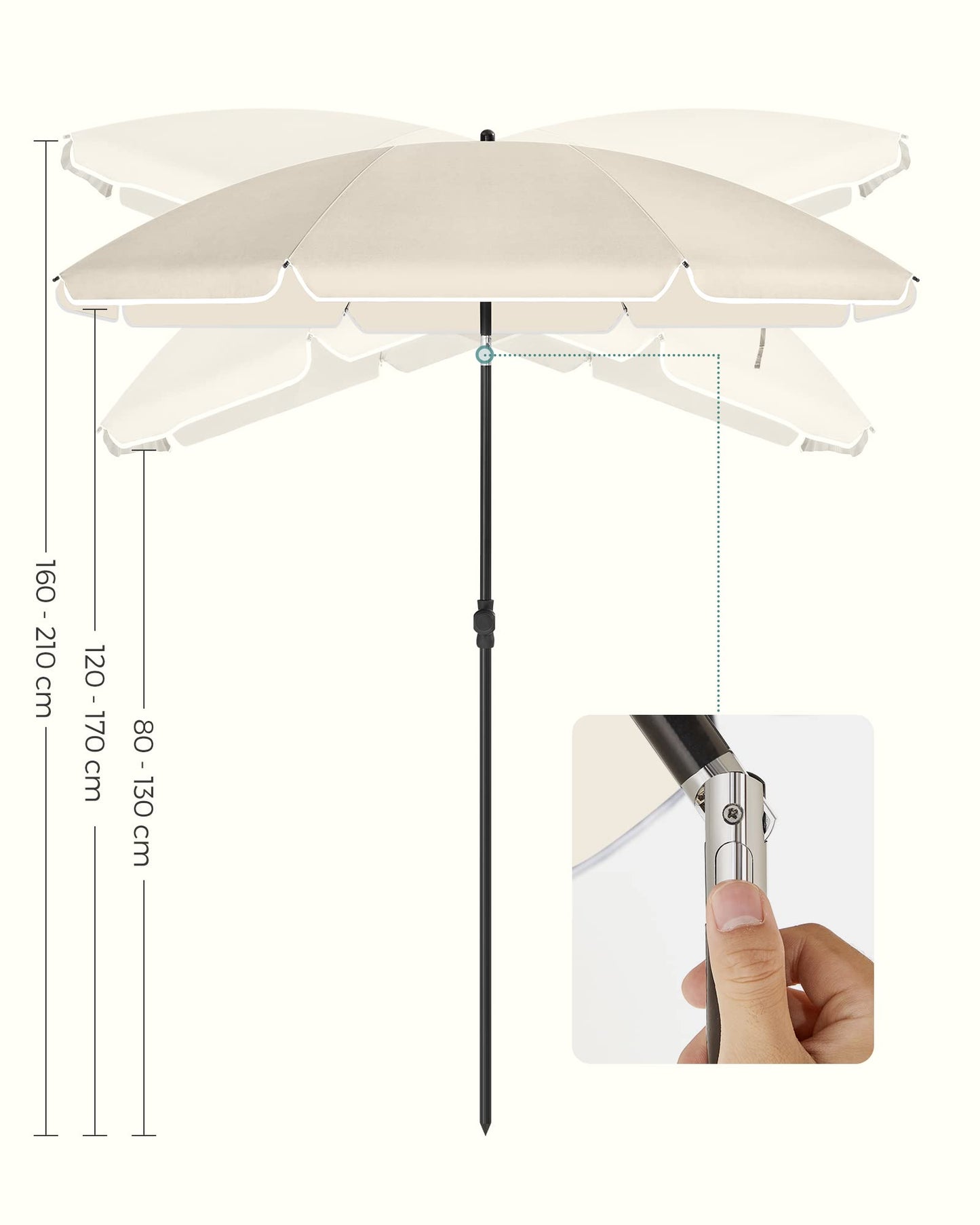 SONGMICS Parasol 160 cm Sun Protection UPF 50-, 30° Tilt in 2 Directions, Adjustable Height, with Carry Bag, for Balcony, Garden, Terrace, Beach, Without Base – Beige GPU60WTV1