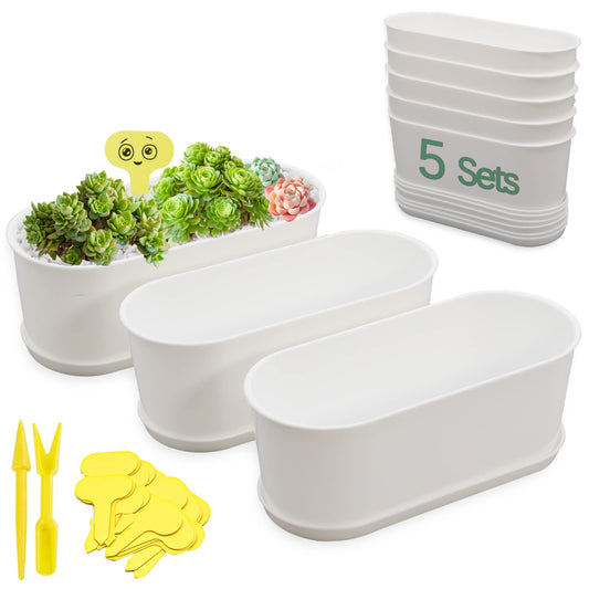 SYITCUN Window Planter Box Indoor 5 Sets,Plant Window Box with Tray,Rectangle Planter Small with Drain Hole,Plastic Plant Pot for Home Garden Modern Decorative Window Planter Box