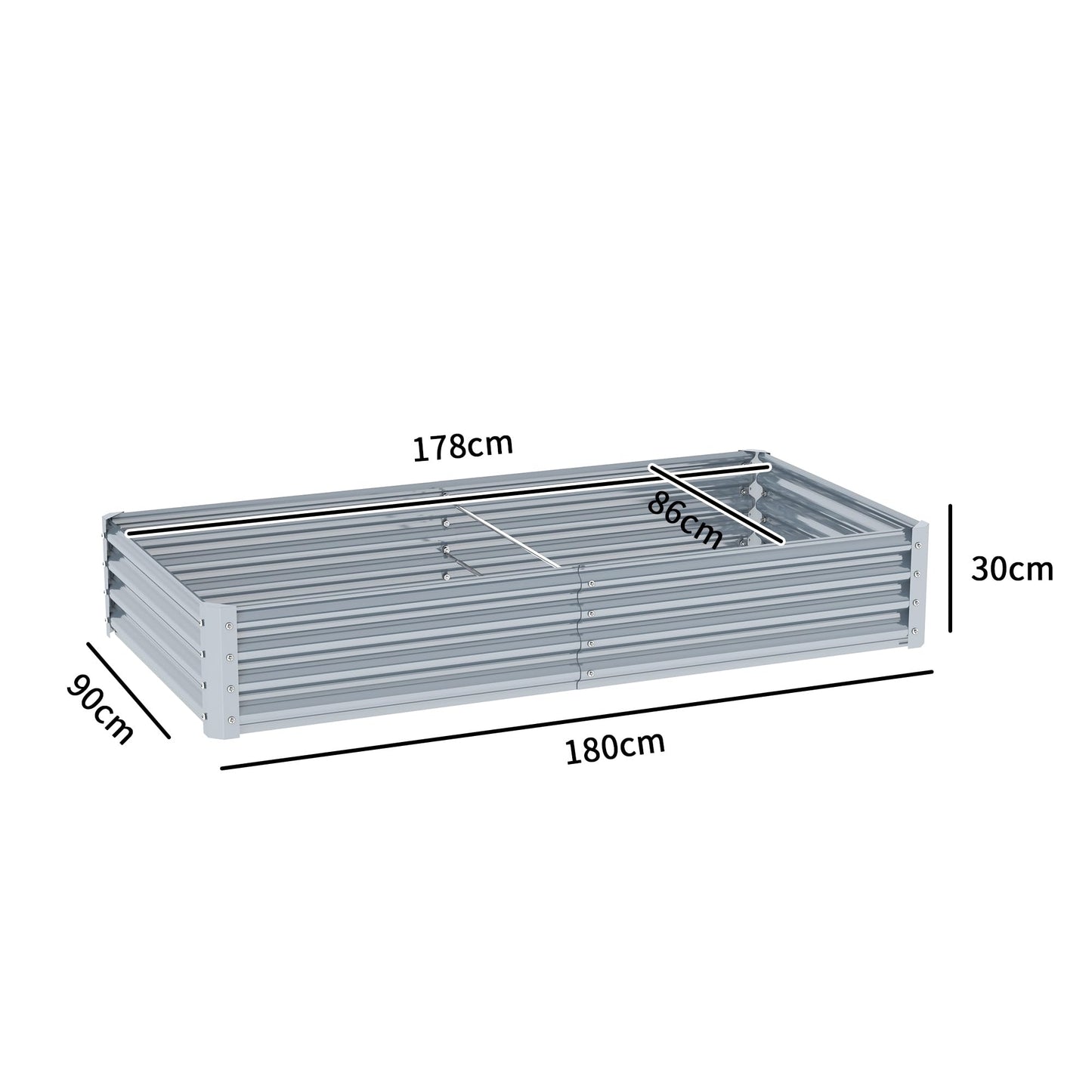 Outsunny Galvanised Raised Garden Bed, 180 x 90 x 30cm Raised Bed with Reinforcing Bars, Outdoor Raised Planter with Open Bottom for Vegetables, Flowers, Herbs, Silver