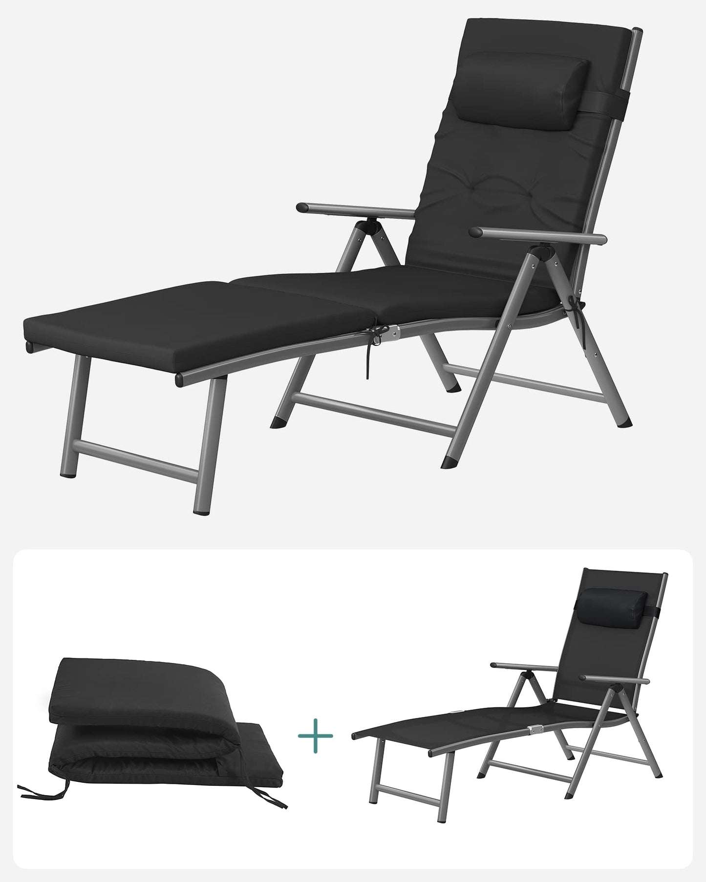 SONGMICS Folding Sun Lounger with 6 cm Thick Mattress, Garden Chair, Removable Pillow, Aluminium Structure, Rust-Resistant, Breathable, Comfortable, Adjustable, Hold up to 150 kg, Black GCB024B01