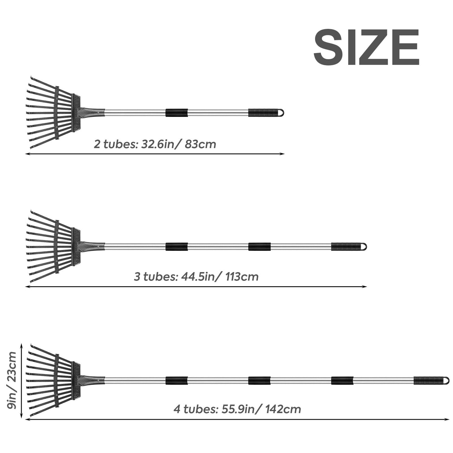 Garden Rake -Small Leaves Rakes for Gardening - 11 Metal Tines/ 9" Wide/ 32.6"-55.9" Long Handle Leaf Rakes for Lawns Heavy Duty for Yard Shrub etc with Garden Digging Gloves