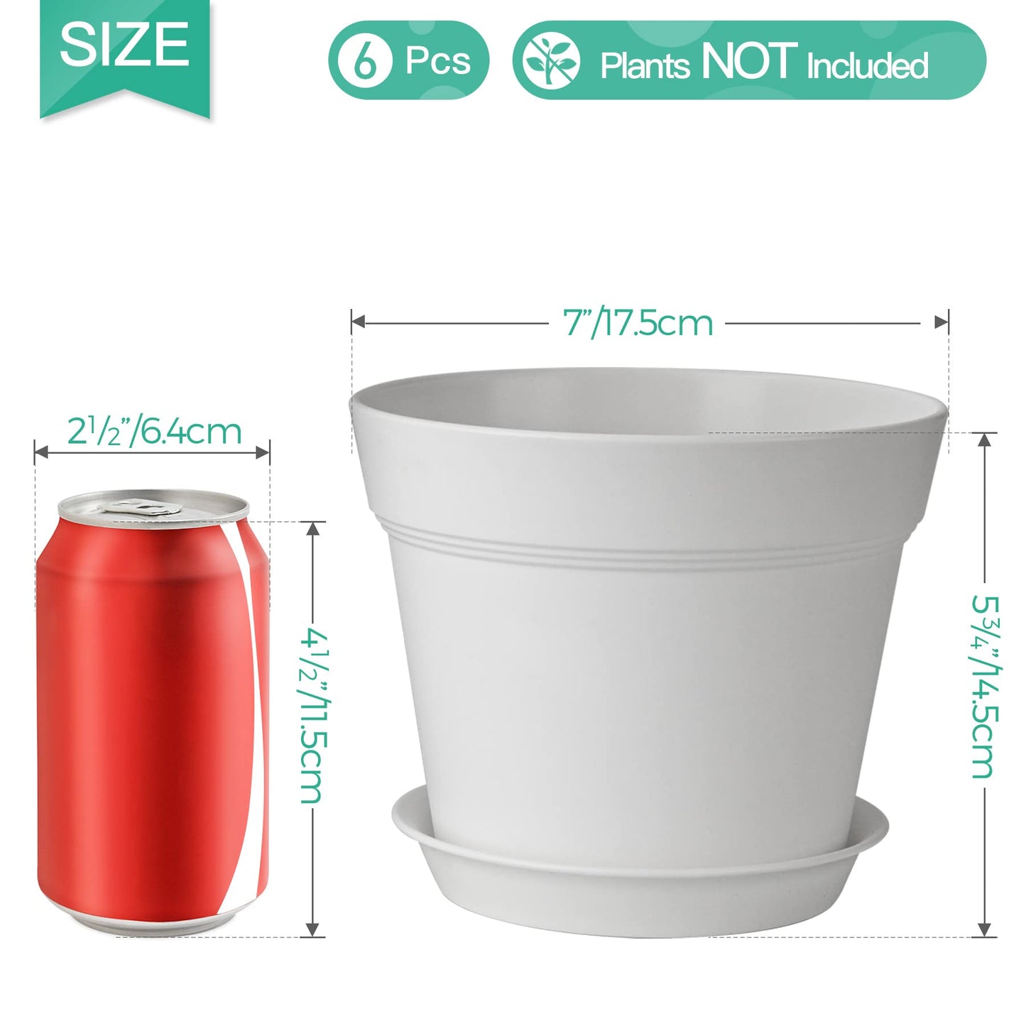 T4U 17.5CM Plastic Plant Pots 6-Pack, Large Flower Planter with Drainage Hole and Saucer, Classic Indoor Outdoor White Plant Pots for Orchid, Penoy, Rose, Snake Plant, Aloe, Tulips, Peace Lily