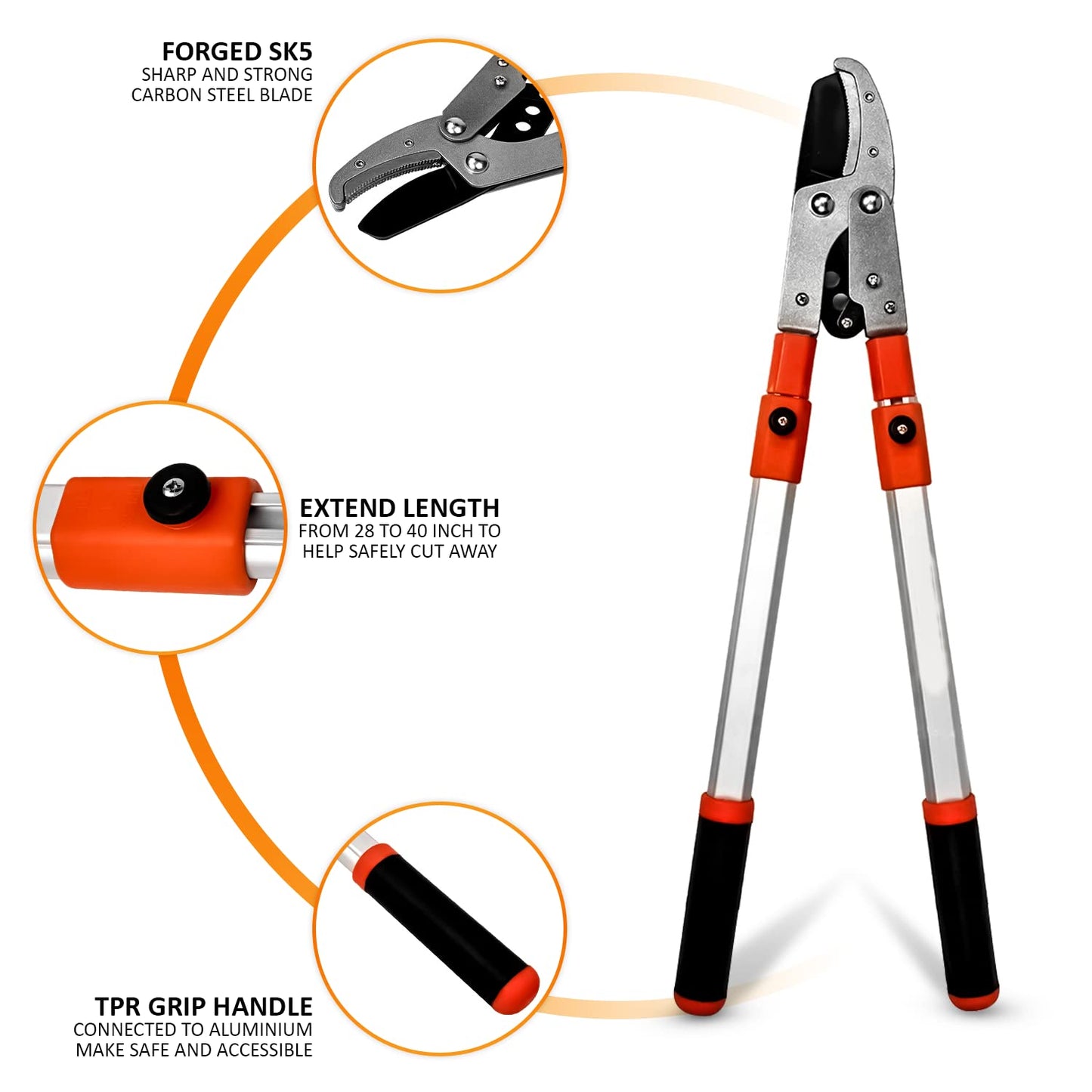 28"- 40" Extendable Tree Loppers for Gardening, Telescopic Garden loppers Long Reach, Anvil Lopper Tree Pruner, SK5 Razorsharp Blades Advance Heavy Duty Long Handled (Orange)