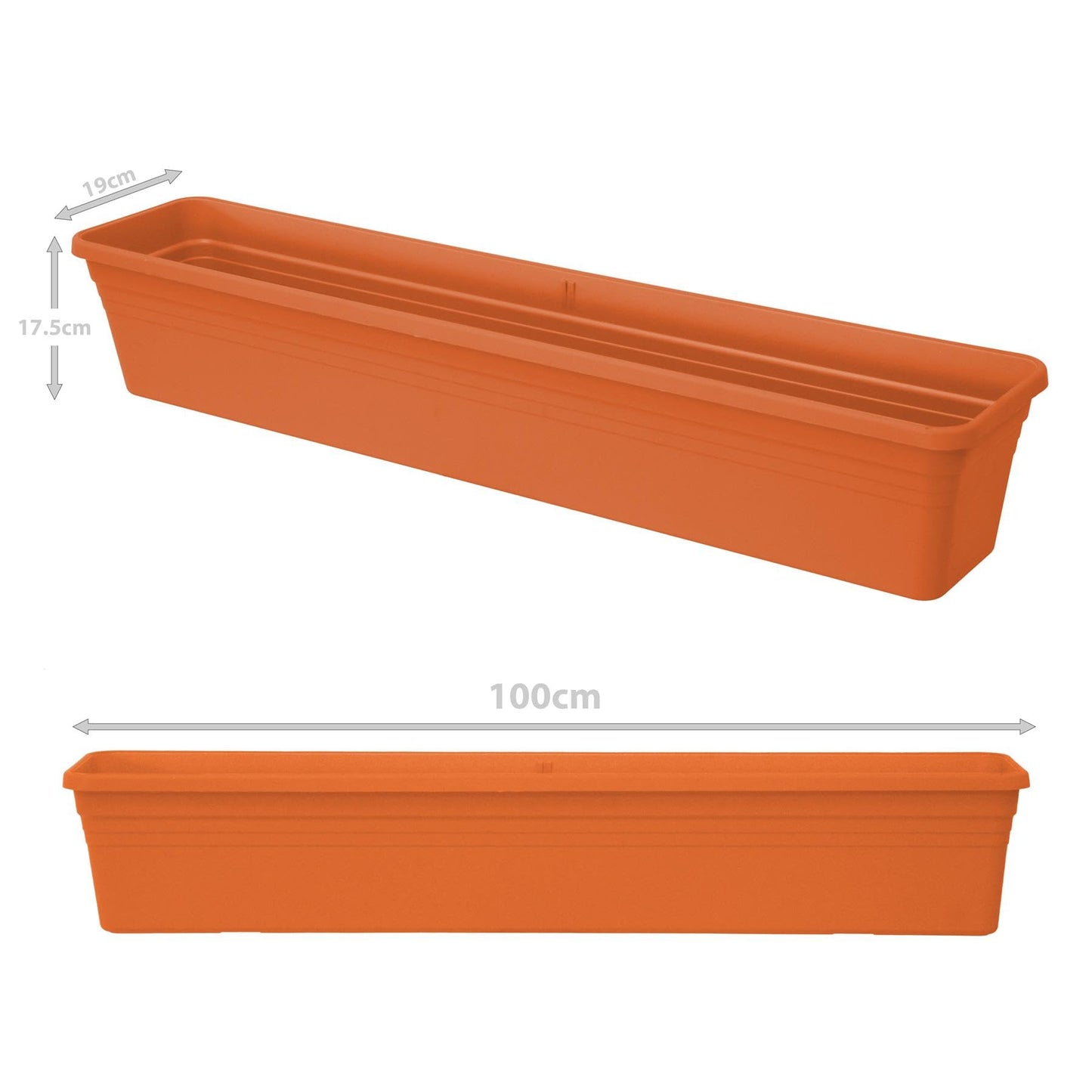 simpa Terracotta Balcony Window Trough with Watering System - 100cm (L) x 19cm (W) x 17.5cm (H)