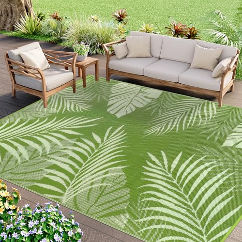 Cekene Patio Rugs for Garden Waterproof 180x270cm lightweight Outdoor Camping Rugs Reversible Plastic Straw Rug UV Resistant Area Floor Rug for Outside BBQ Deck Balcony Porch Grass Green