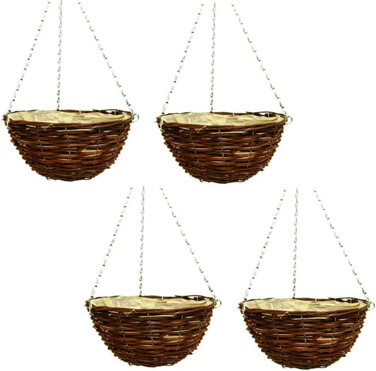 Fyne-Finds 36cm 14Inch Dark Brown Wicker Hanging Basket Lined Rattan Willow Planter 4 Pcs With Liner Metal Chain