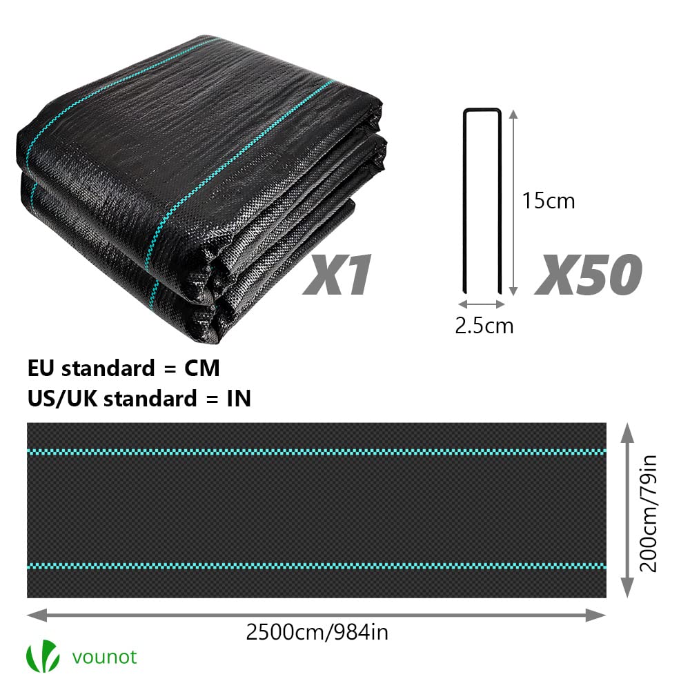 VOUNOT Weed Control Membrane 2m x 25m, with 50 Securing Pegs, Heavy Duty Weed Control Barrier Fabric, Landscape Ground Cover Suppressant Membrane for Garden, UV Stabilised