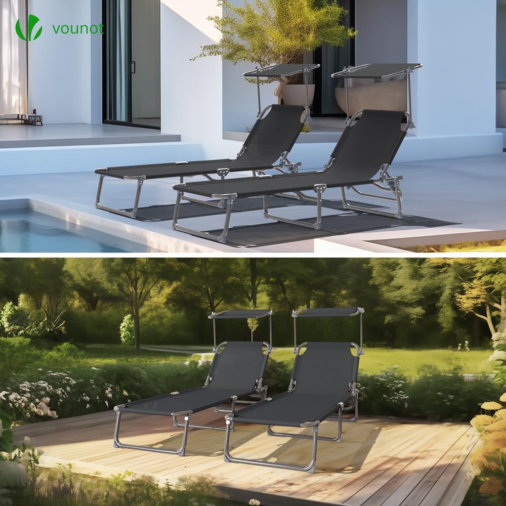 VOUNOT® Folding Sun Loungers Set of 2, Textilene Reclining Sunbed with Adjustable Backrest & Sunshade for Garden, Beach, Patio, Pool, Camp, Load 110 kg, Black