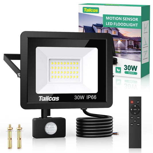 Tailcas Security Lights Outdoor Motion Sensor, 30W PIR Security Light with Remote Control, IP66 Waterproof Lights, 2700LM LED Floodlights Mains Powered for Garden,Yard, Garage