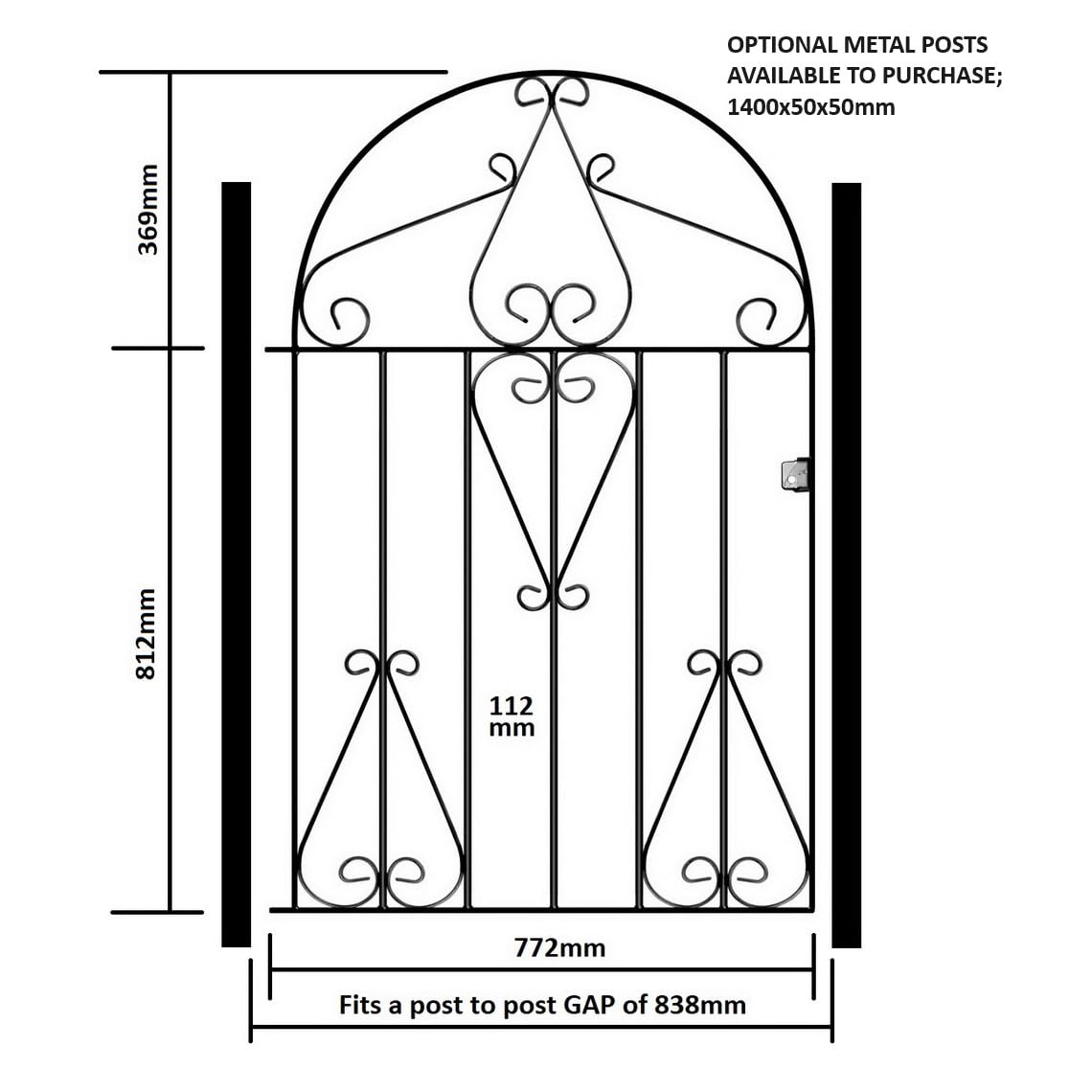 Classic Scroll Low Bow Top Metal Garden Gate Galvanised Wrought Iron Style Swing Gate (838mm Gap x 1181mm High CLBZP51)