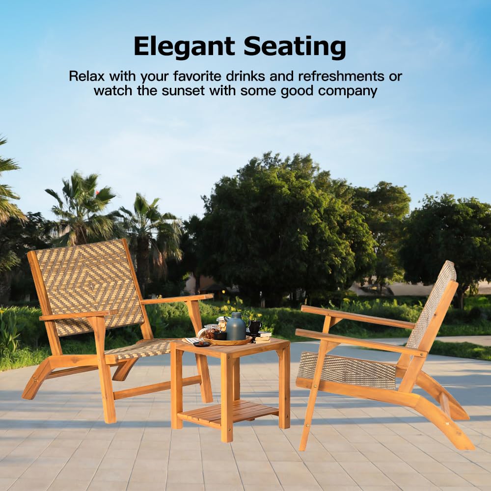 Panana 3 Pieces Garden Furniture Set Solid Acacia Wood Side Table and PE Rattan Wicker Wooden Chairs Bistro Set for Outdoor, Patio, Porch, Poolside, Balcony