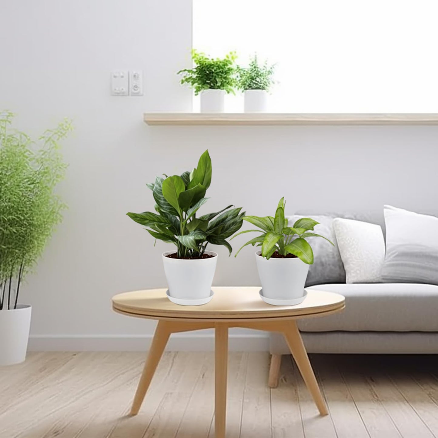 KINGLAKE 8Pcs 4" Small White Plant Pots Plastic Flower Pots Indoor Plant Pots for Office House Desk with Trays/Pallets