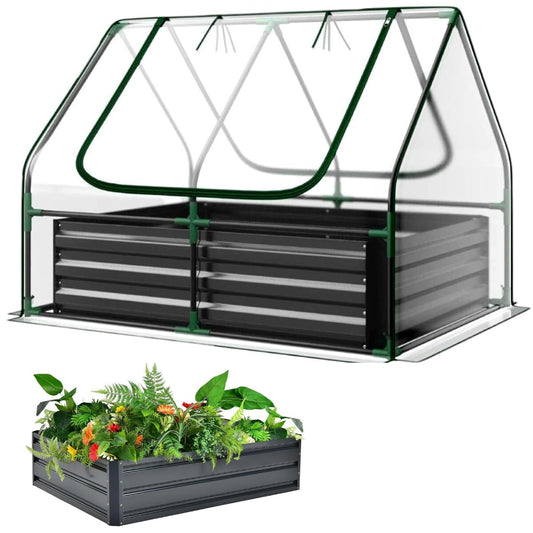 Raised Garden Bed with Greenhouse - 125 x 95 x 92 cm Compact Small Greenhouse With Metal Garden Bed included, Steel Frame, Clear PVC Cover, Zipped Roll up Windows For Plants, Vegetables, Garden