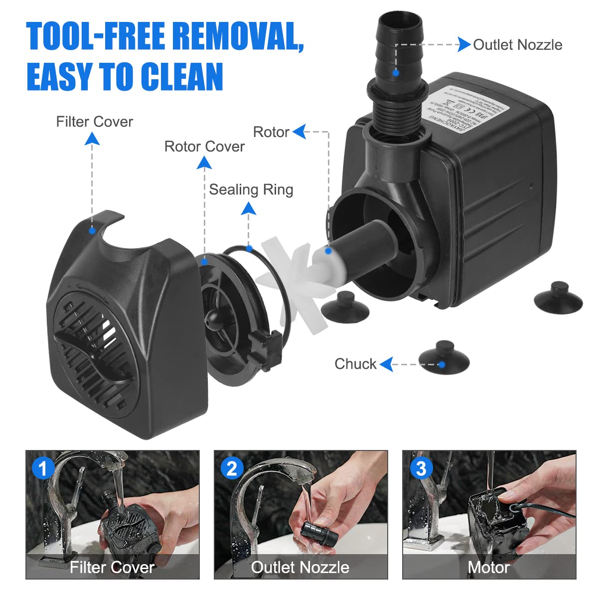 Flintronic Submersible Water Pump(25W 1500L/H), Ultra-Quiet Water Pump, 400Gph 2.2m/7.2ft High Lift Fountain Pump for Aquarium,Fish Tank,Statuary,Hydroponics,4 Suction Cup,1.4m Power Cord & 3 Nozzles