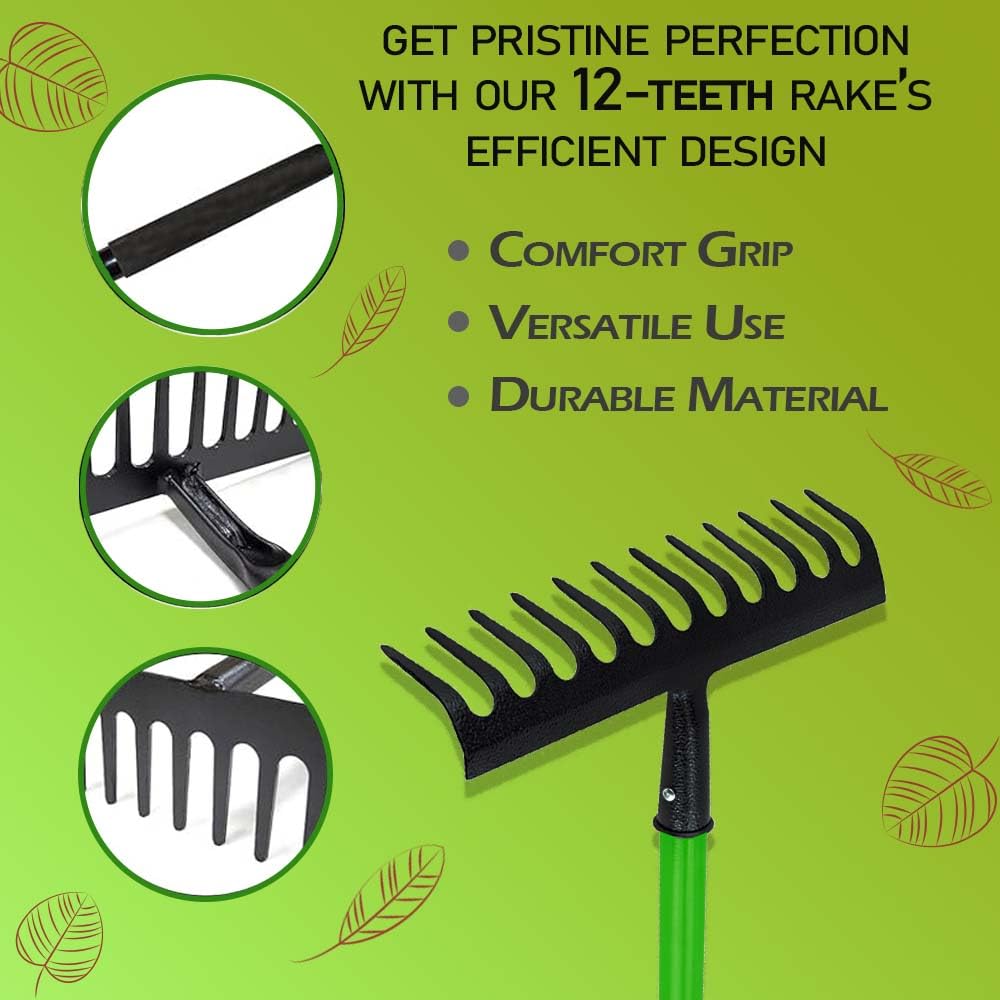 KKTECH Carbon Fibre Garden Rake for Soil - Long Lasting, Durable, Lightweight, 12-Tine Metal Rake Head - Heavy Duty Garden Rake for Gardening - Green (120 x 32 x 9 ) cm