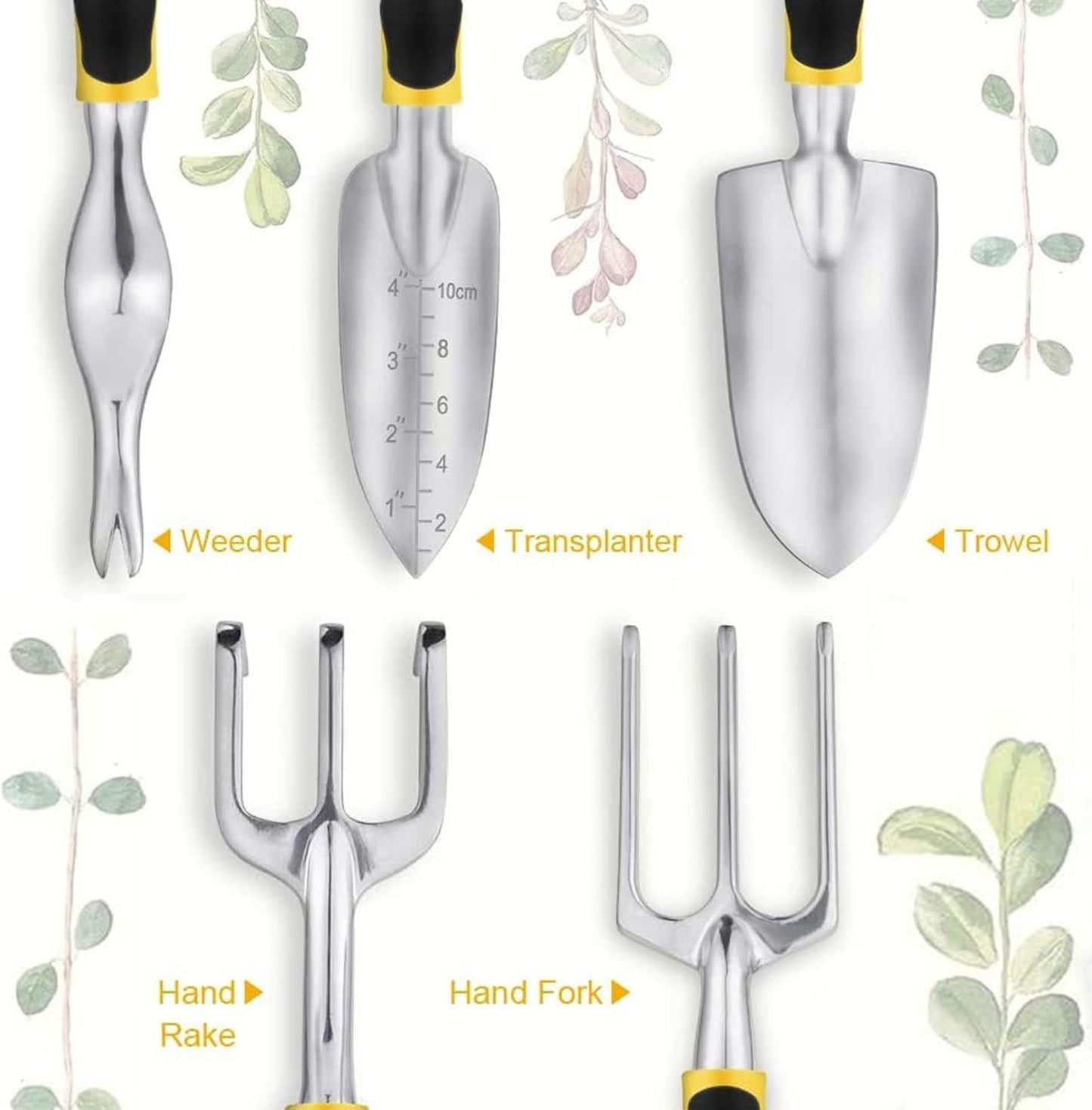 5 Piece Gardening Tools Set Including Trowel, Transplanted, Cultivator, Weedier, Weeding Fork, Garden Tools with Heavy Duty Cast-Aluminium Heads & Ergonomic Handles
