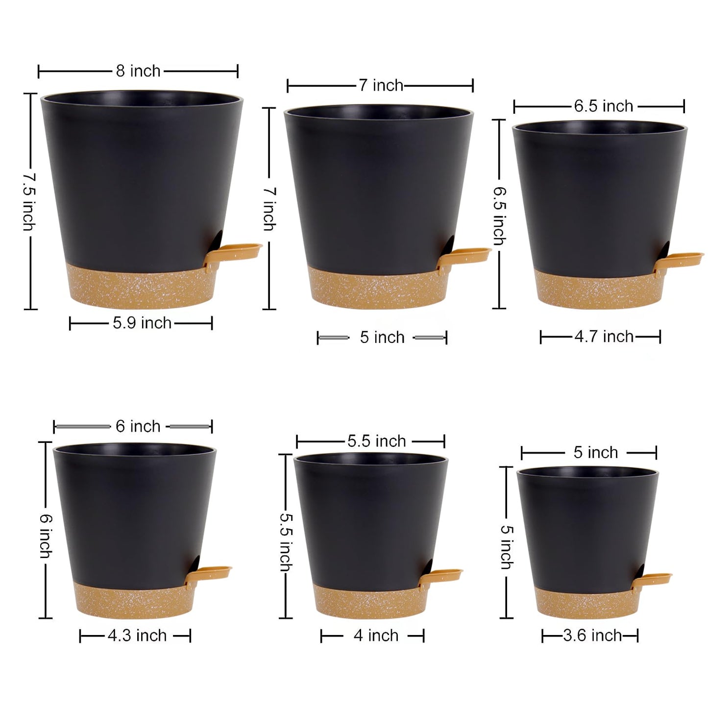 Homeuouz 6 Pack Plastic Plant Pots,Self Watering Plant Pots Indoor,20/17.5/16.5/15/14/12.5CM,Medium Flower Pots with Drainage Holes Saucer and Reservoir for All House Plants(Black)