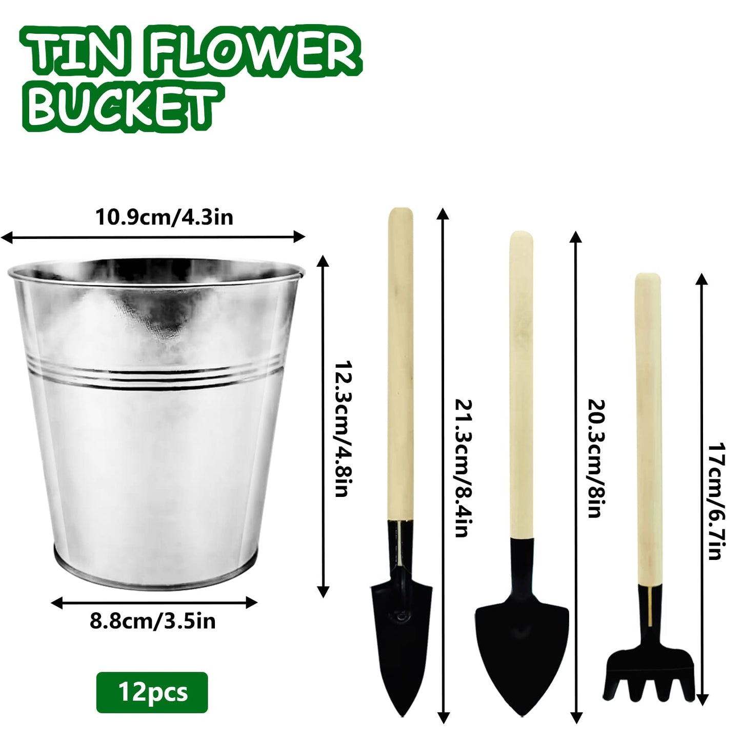 WAIZHIUA 12Pack Metal Plant Pots with Mini Tools, 12cm Depth Herb Pots, Galvanised Iron Garden Planters for Plants Herb Flowers Shrubs Indoor Outdoor DIY Use