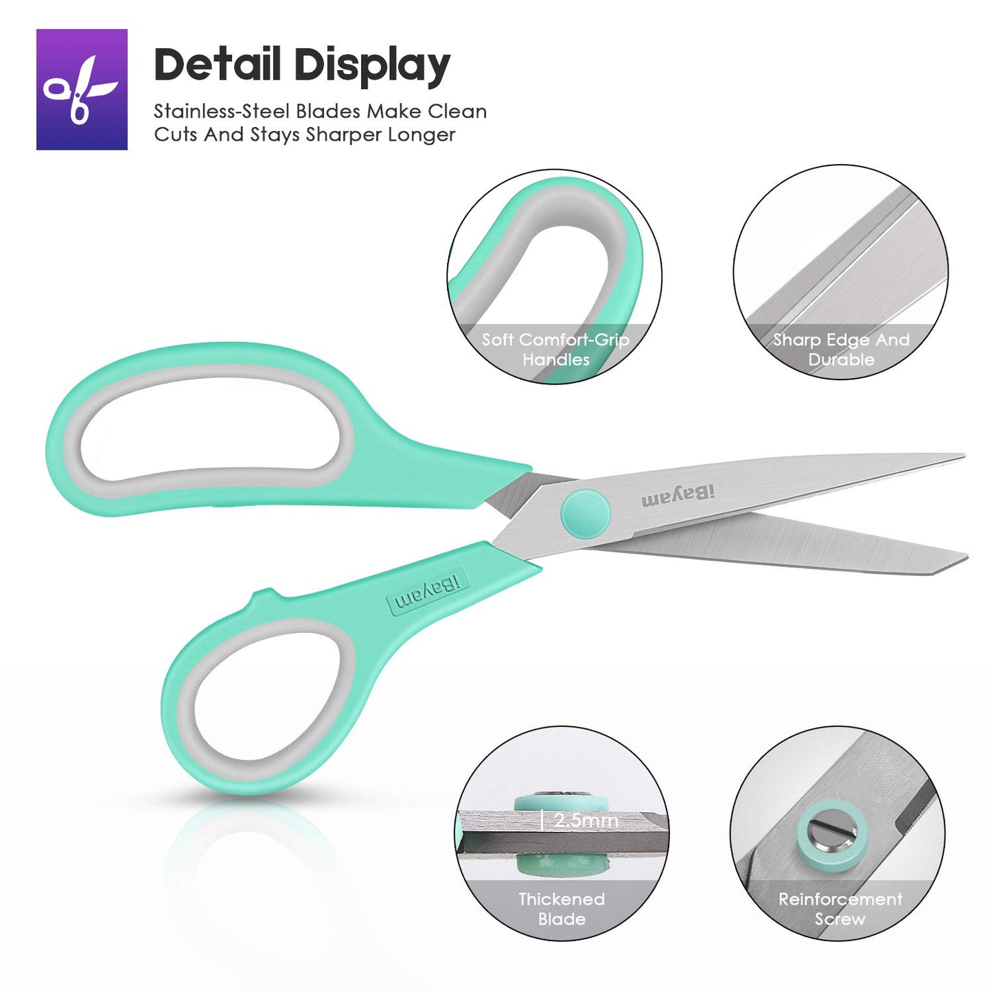 8" Multipurpose Scissors 3 Pack with Ultra Sharp Blades, Comfort-Grip Handles, Sturdy for School Home Office Art Craft Sewing Tailor Heavy Duty