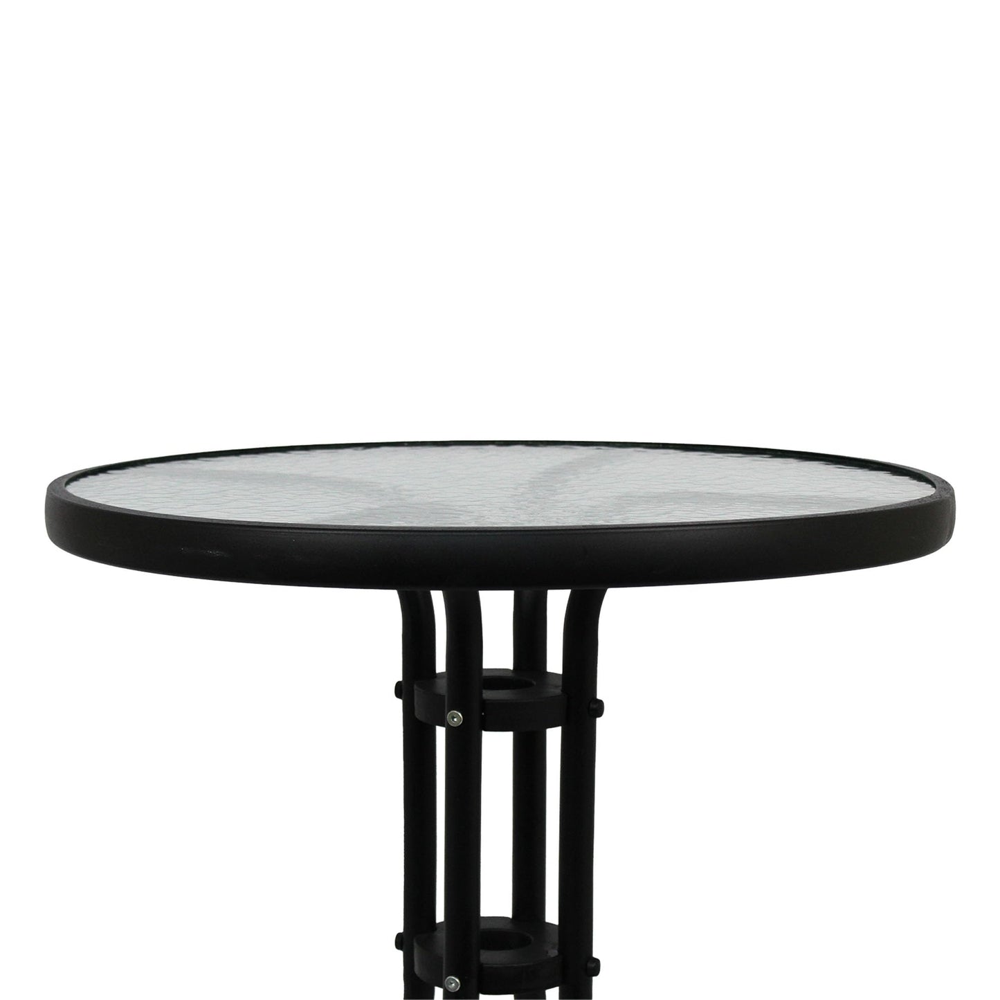 Rammento 71cm, (27.95") Black Metal & Round Tempered Glass Bistro Table | 60x60x71cm Indoor/Outdoor Café Dining Table for Conservatory, Decking & Home | Lightweight & Portable Rippled Glass Table