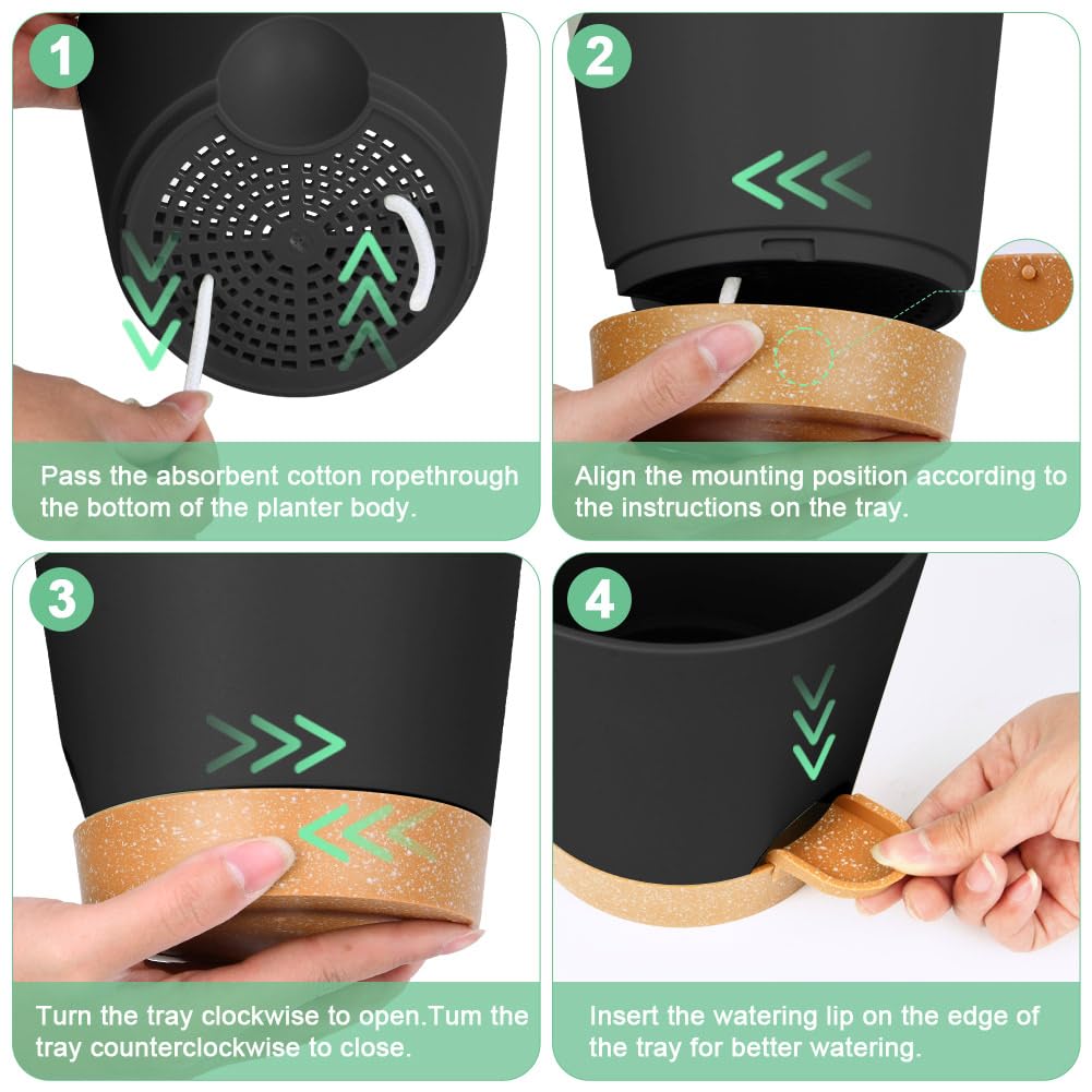 OFFCUP Plant Pots, 6pcs Plastic Plant Pots, 16.5cm Self Watering Plant Pots with Drainage Holes, Saucers and Reservoir, Suitable for Plants Indoor Modern Fashion Decorative Plastic Plant Pots (Black)