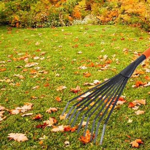 SINJEUN 4 PCS Mini Garden Rakes, 9 Claws A3 Steel Hand Leaf Rakes with Orange Black Handle, Fallen Leaves Rakes for Gardening