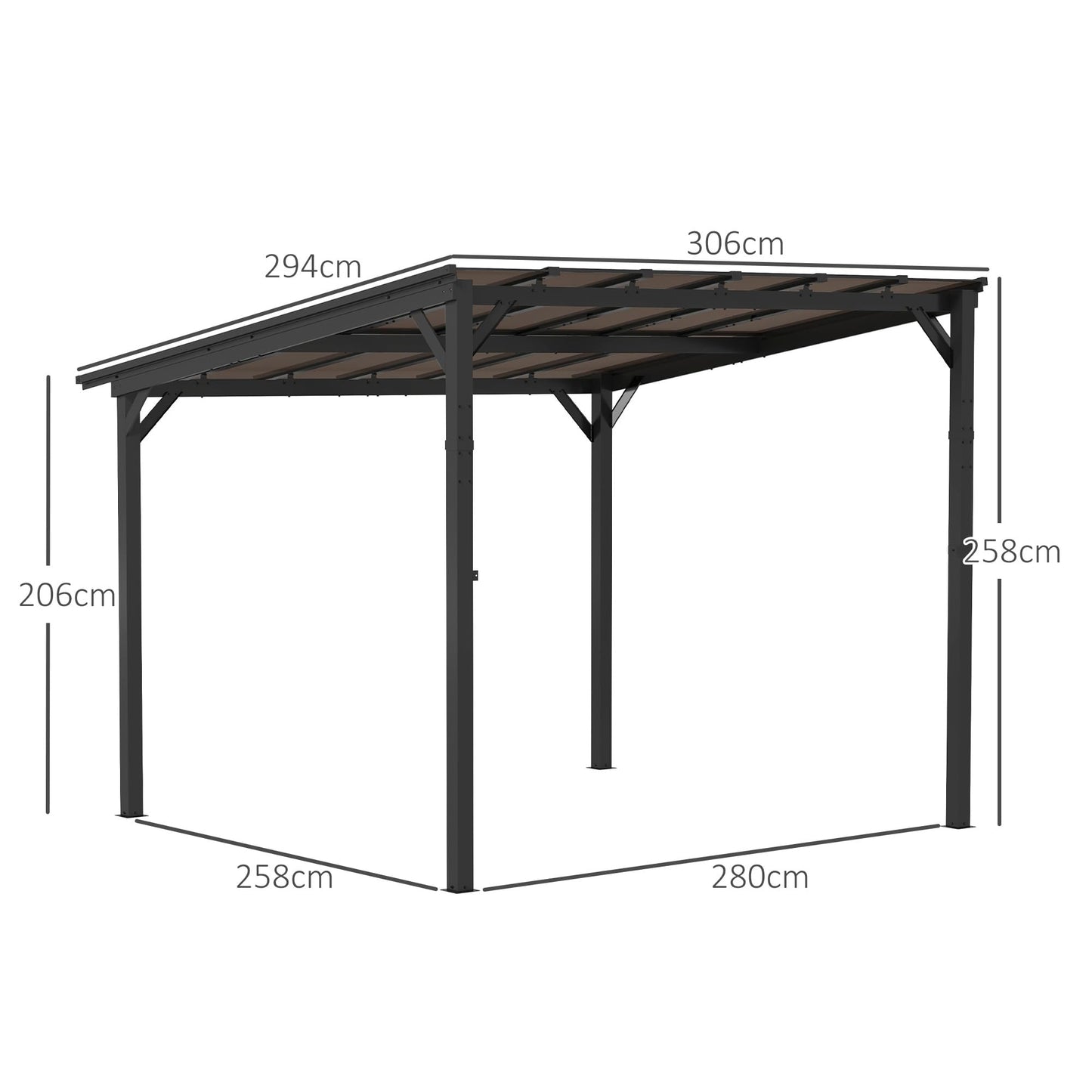 Outsunny 3 x 3(m) Metal Pergola with UPF 50- and Waterproof Polycarbonate Roof, Wall-Mounted or Free Standing Garden Gazebo, Wind-resistant Outdoor Sun Shade, Dark Grey