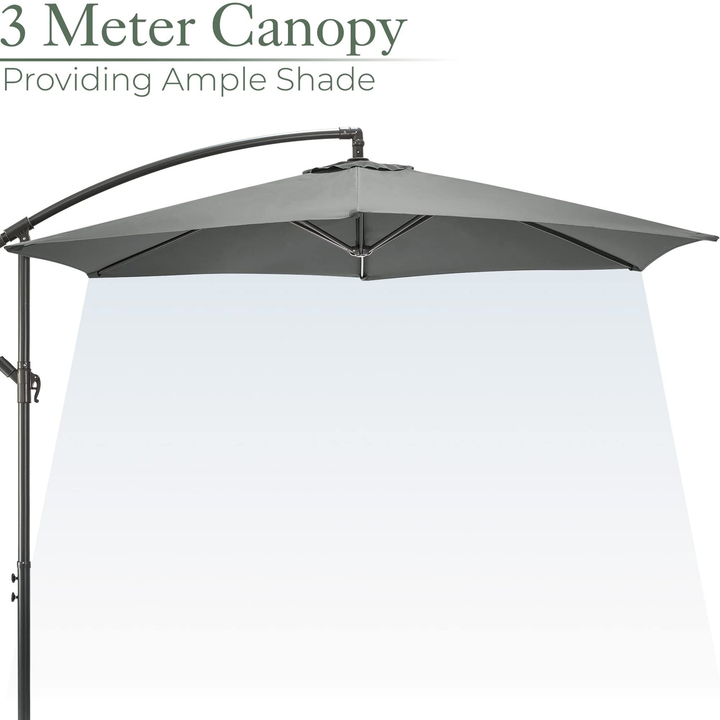Christow Large Banana Parasol 3m Over Hanging Cantilever Umbrella UV Protective With Crank Handle (Grey Polyester Canopy)