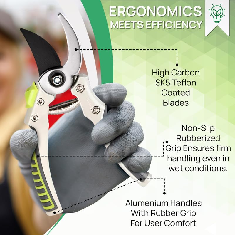 Shark-Tuff® Heavy Duty Secateurs & Pruning Scissors Pruning Shears for Gardening | High Carbon Steel SK5 Blade Garden Scissors | Bypass Hand Pruners with Long Handles