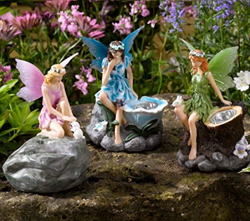 Garden Mile Set of 3 Fairy Garden Statues with Solar Spotlights Novelty Garden Lighting LED Solar Garden Ornaments Outdoor Fairy Decorative Waterproof White LED for Garden Pathway Lawn Patio
