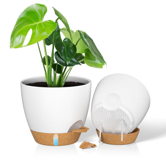 ZMTECH 25 cm Plant Pots with Drainage Holes Saucer Self Watering Planters with Watering Inlet Plastic Flower Pot for Indoor Outdoor Plants (Set of 2, White)