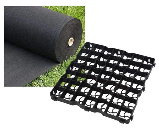 FXDM MEMBRANE INCLUDED - Gravel/Grass Grid Paver Path Base Mat FOR Greenhouse Deck Turf Lawn Shed Garden , Black, 40 Grids = 8m²